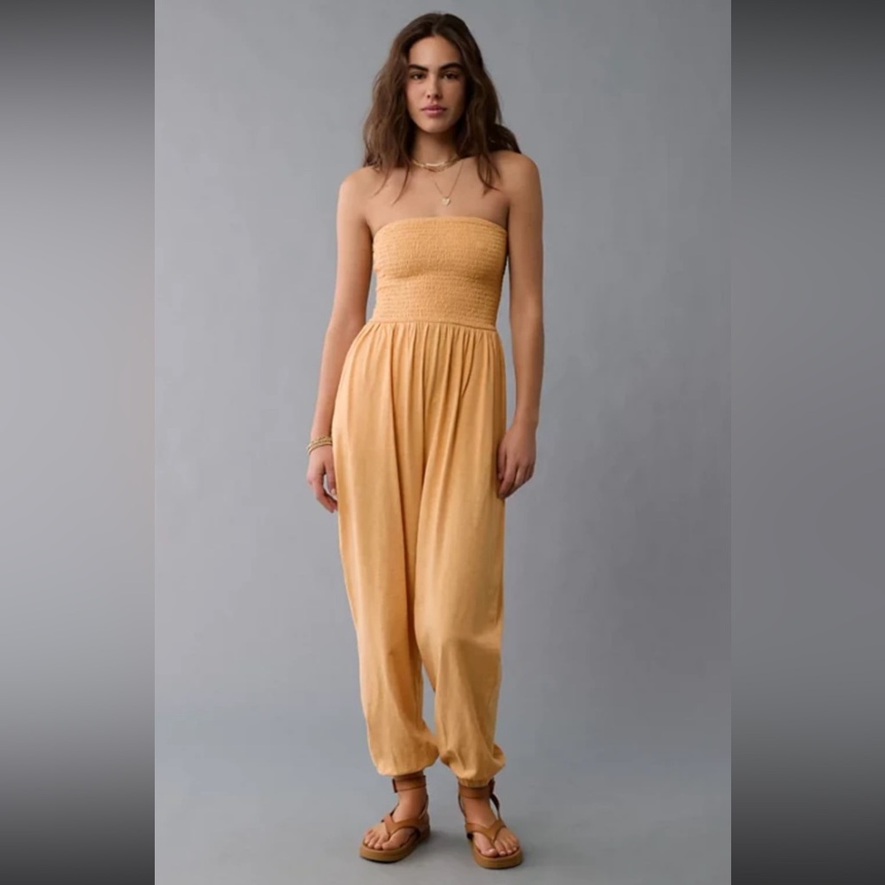 NWT American Eagle ($69.95Cad) Orange Sunchaser Knit Smocked Tube Jumpsuit